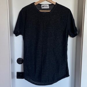 CHARCOAL GREY T-SHIRT IS FROM THE BRAND EDGES AND CORNERS STREET CULTURE